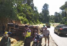 Patah As, Mobil Truk Terguling di Tanjakan Hutan Warangga